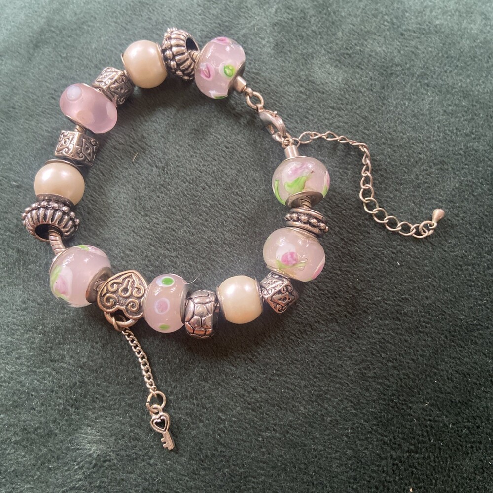 925 Murano GREEN & PINK GLASS BEAD CHARM BRACELET WITH Pearl SPACER BEADS